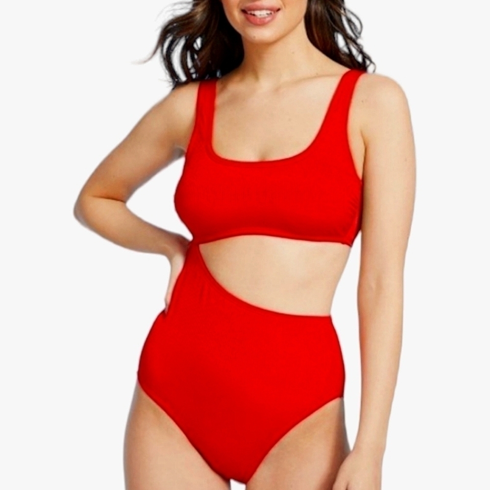 Kona Sol Bright Red Rib Cutout Swimsuit Size Sm